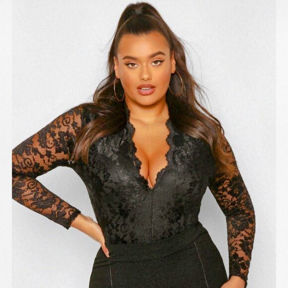 Romance Inspired NEW Boohoo Plus Molly 2X 18W Black Lace Long Sleeved Bodysuit - Picture 1 of 6